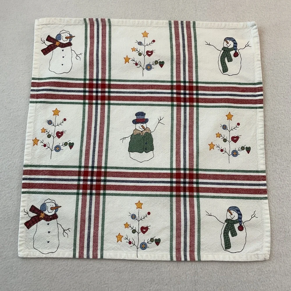 St Nicholas Square Snowman Plaid Cotton Napkins Set of 9 White Red Green Holiday
